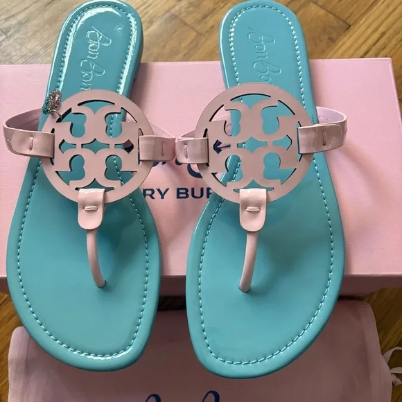 Tory Burch x BonBon Miller Patent Leather Pink and Blue Sandals Cotton Candy 10